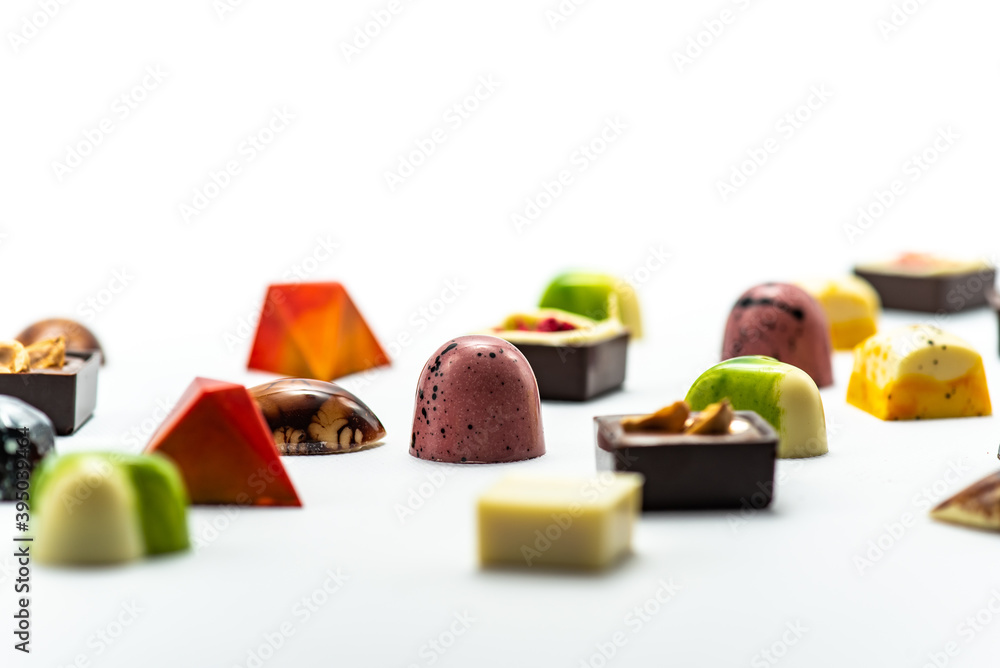 Set of chocolate sweets isolated on white background, selective focus Set of chocolate sweets isolated on white background, selective focus