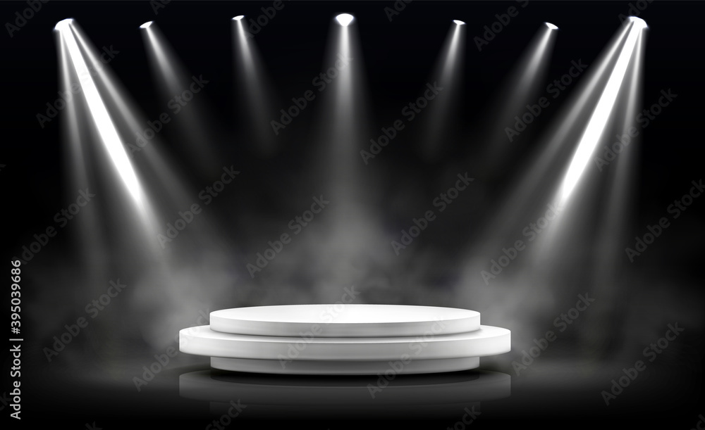 Round podium, empty stage illuminated by spotlights. Vector realistic