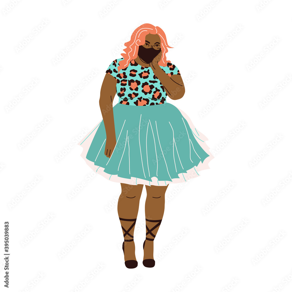 Curvy beautiful African American woman character wearing a mask. Happy overweight woman in a fluffy dress. Illustration in flat style with a large woman. For design on the theme of love for your body. Curvy beautiful African American woman character wearing a mask. Happy overweight woman in a fluffy dress. Illustration in flat style with a large woman. For design on the theme of love for your body.