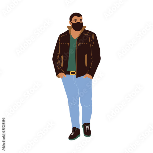 Illustration of a man wearing mask in a jacket and jeans. Overweight man model drawn in flat style isolated on white background. Cool vector male character with a beard dressed in a casual style.