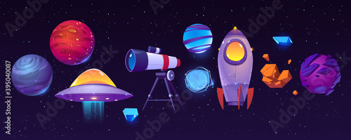 Fotografia Space exploring icons, planets, rocket or shuttle, telescope, alien ufo with asteroid in dark starry sky