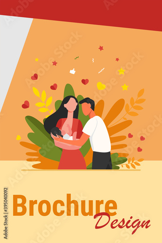 New mother breastfeeding child. Dad holding baby flat vector illustration. New parents, motherhood, parenthood, postnatal care concept for banner, website design or landing web page