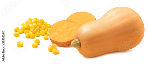 Butternut, sliced sweet potato and corn isolated on white background. Horizontal layout.