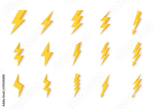 yellow lightning bolt flash and thunder icons set cartoon style isolated on white background. 