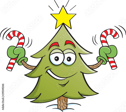 Cartoon illustration of a smiling pine tree holding candy canes.