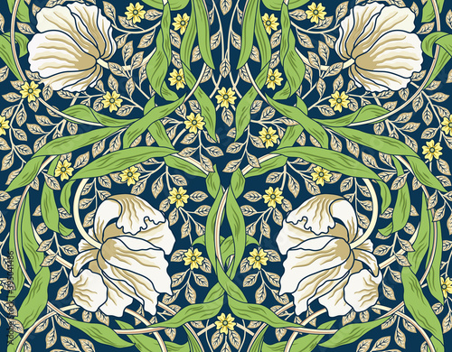 Vintage white flowers and green foliage seamless ornament. Vector illustration.