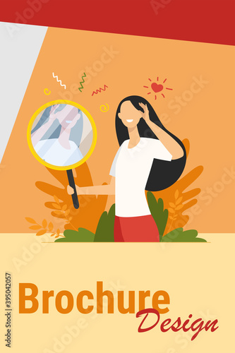 Woman looking at mirror flat vector illustration. Cartoon beautiful female characters smiling to her reflection. Love of self, ego and narcissism concept
