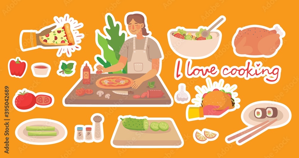 Young girl cooking pizza in kitchen at home. Cooking stickers icons vector concept Young girl cooking pizza in kitchen at home. Cooking stickers icons vector concept