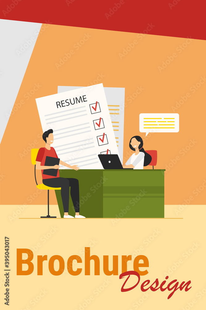 Job interview concept. HR manager meeting with candidate with resume for conversation. Vector illustration for new employee, human resource, career topics Job interview concept. HR manager meeting with candidate with resume for conversation. Vector illustration for new employee, human resource, career topics