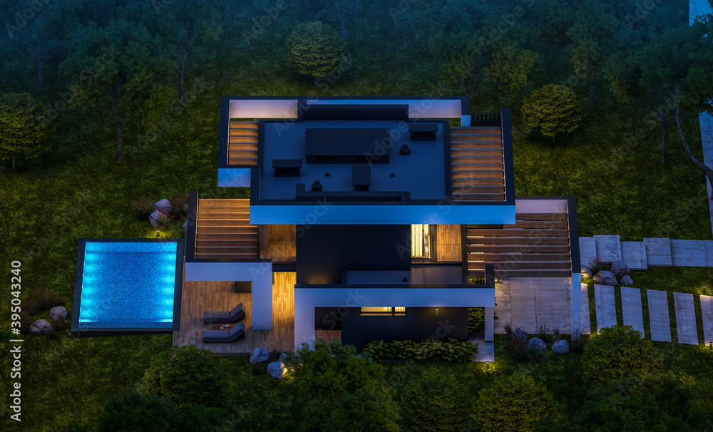 3d rendering of modern cozy house with pool and parking for sale or rent in luxurious style and beautiful landscaping on background. Clear summer night with many stars on the sky. 3d rendering of modern cozy house with pool and parking for sale or rent in luxurious style and beautiful landscaping on background. Clear summer night with many stars on the sky.