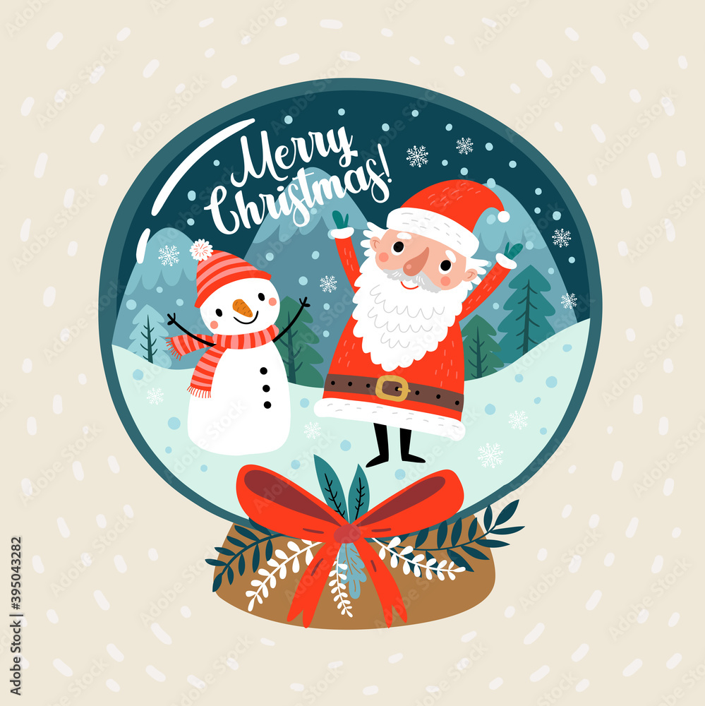 Obraz christmas card - toy ball with a snowman and Santa