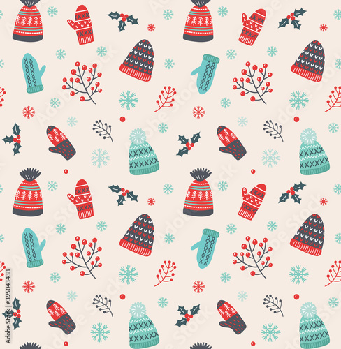 
Christmas pattern with hats and mittens