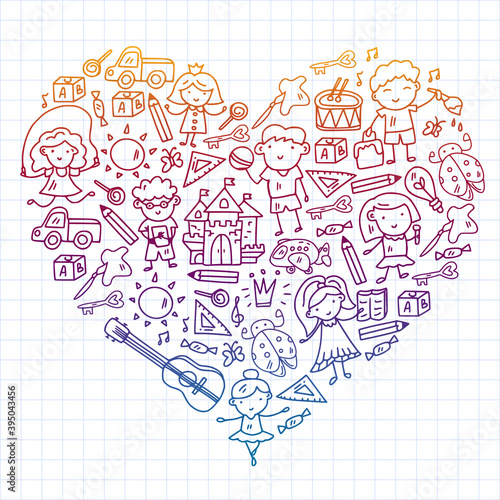 School, kindergarten with cute vector children. Dancing, singing, painting, online education. Creativity and imagination.