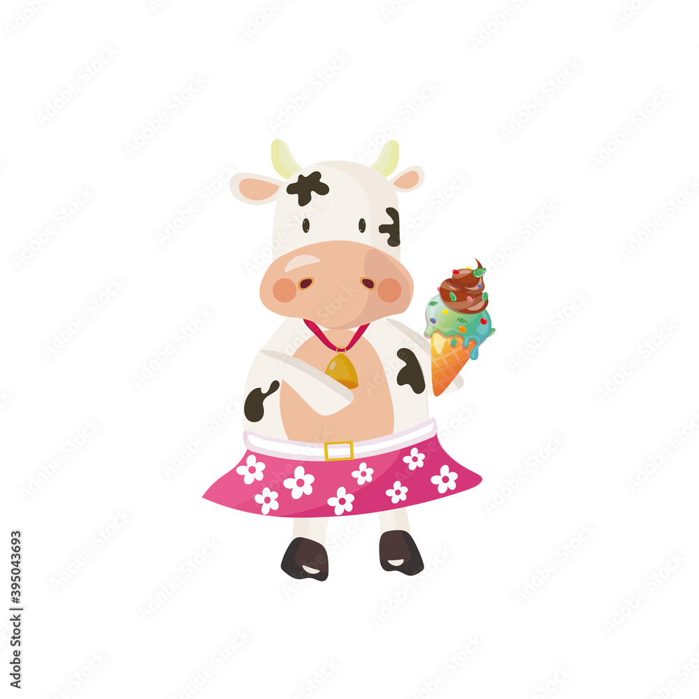 White cow wearing a pink skirt with daisies eating ice cream. Vector illustration.