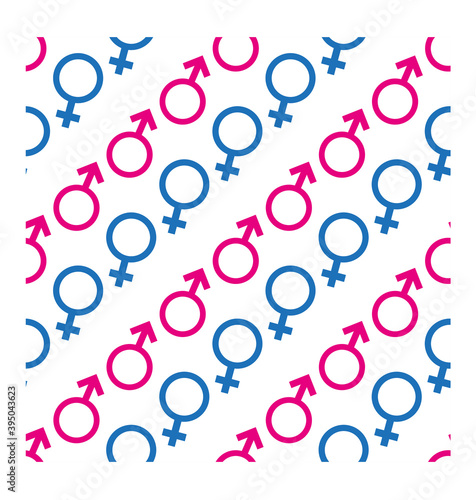 Pattern with male and female symbols. Venus and Mars signs seamless pattern. Modern design. Vector
