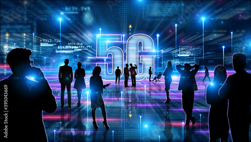 5G abstract conceptual information technologies background - illustration with group of people silhouettes: meeting, discussion, presentation, opening etc.