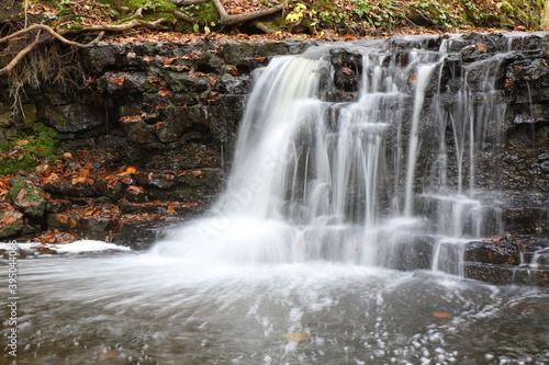 A shoot of many waterfalls at long exposure  Latvia  autumn yellow fallen leaves