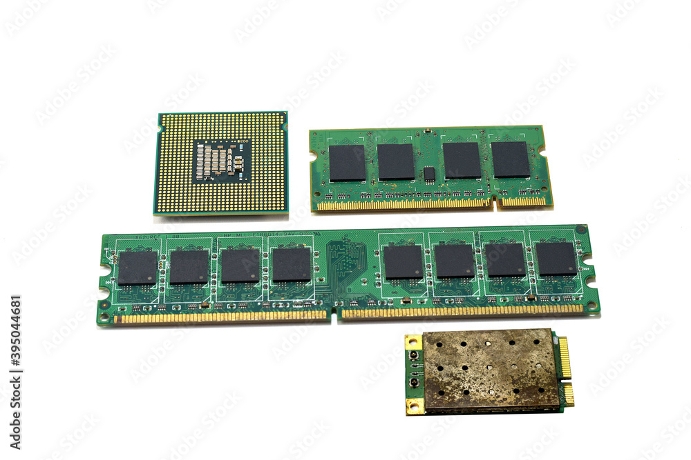 Computer chip cpu ram and wifi card isolated on white background Computer chip cpu ram and wifi card isolated on white background