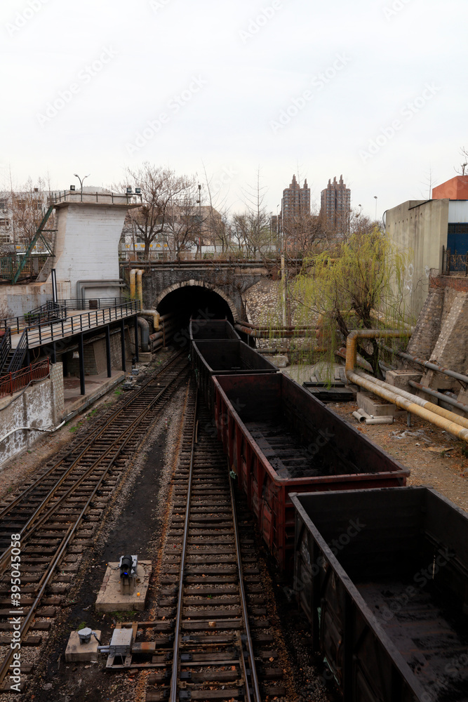 Coal train running on railway, Tangshan, China Coal train running on railway, Tangshan, China