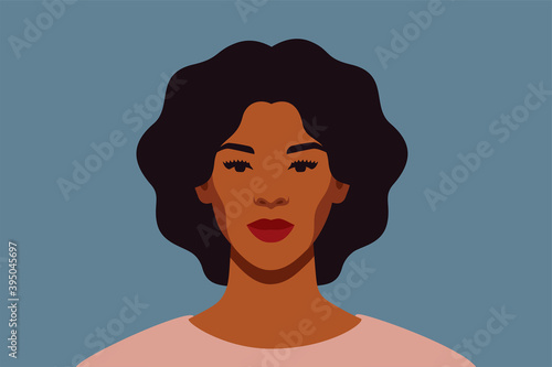 Strong Black woman with curly hair smiles and looks directly. Confident young woman with brown skin portrait front view on a blue background. Vector illustration.