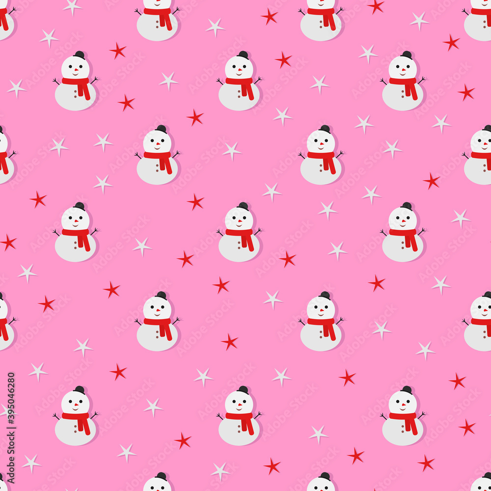 Fototapeta premium Seamless Christmas pattern with snowmen on a pink background. Winter holiday pattern for office, fabric, banners, postcards, wrapping paper, web page backgrounds, Wallpapers, templates. Vector pattern