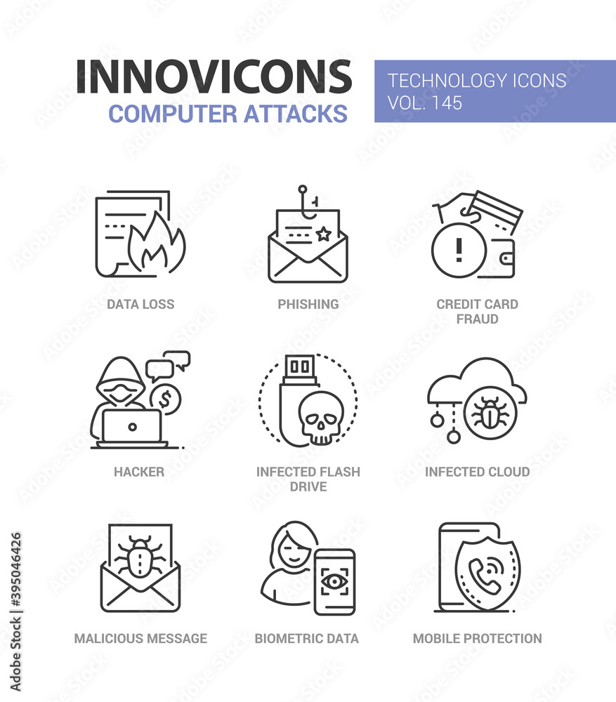 Computer attacks - colorful line design style icons Computer attacks - colorful line design style icons