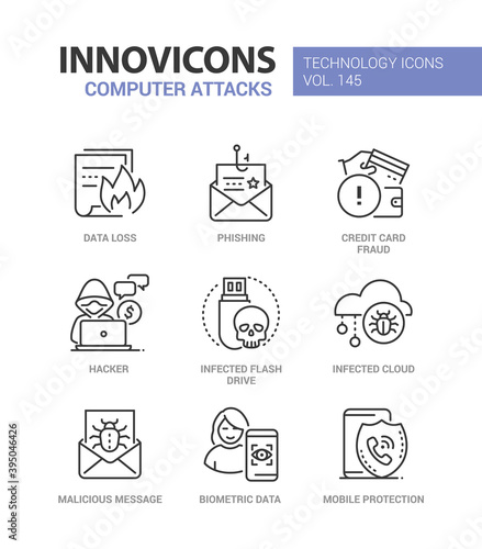 Computer attacks - colorful line design style icons
