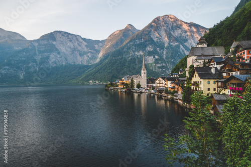 Panoramic view of Hallstatt town in summer, one morning. Famous touristic destination in Austria © icephotography