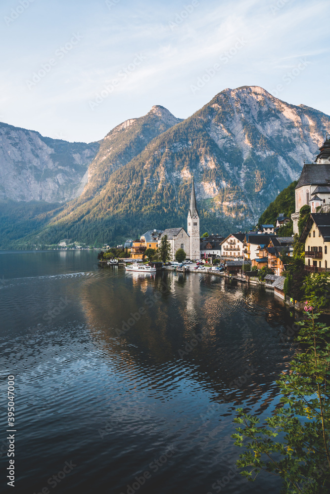 Panoramic view of Hallstatt town in summer, one morning. Famous touristic destination in Austria