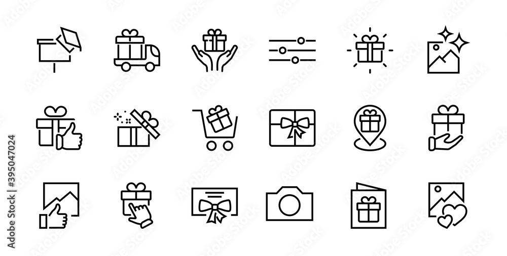 Gifts Linear Icons Set contains Gift Box, Gift Buying, Gift Delivery, Gift Geolocation mobile application, Gift notification, SMS. Editable Barcode, Vectar Icons Gifts Linear Icons Set contains Gift Box, Gift Buying, Gift Delivery, Gift Geolocation mobile application, Gift notification, SMS. Editable Barcode, Vectar Icons