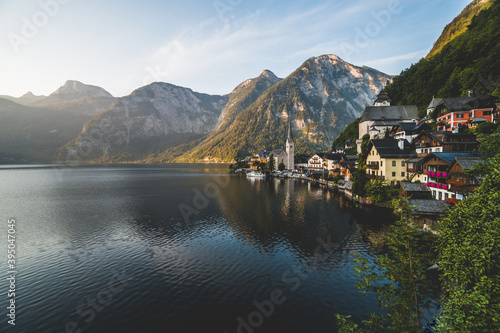 Panoramic view of Hallstatt town in summer  one morning. Famous touristic destination in Austria