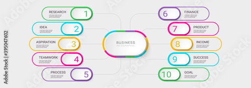 Modern 3D Infographic Template with 10 Steps. Business Process Chart with Options for Brochure, Diagram, Workflow, Timeline, Number Options. Vector EPS 10