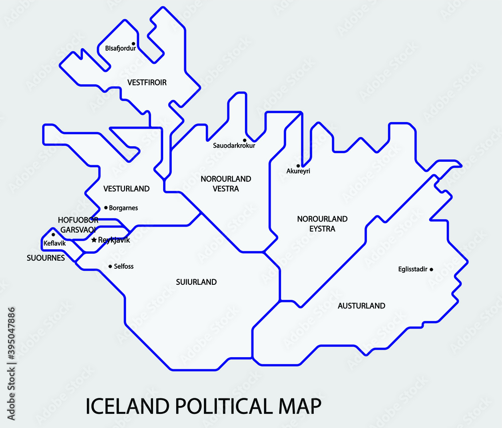Iceland political map divide by state colorful outline simplicity style. Vector illustration.