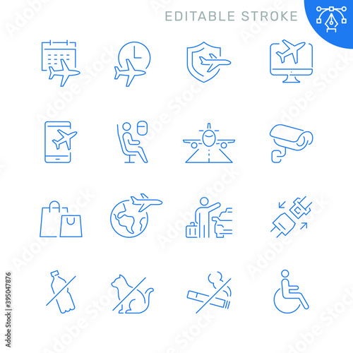 Airport related icons. Editable stroke. Thin vector icon set