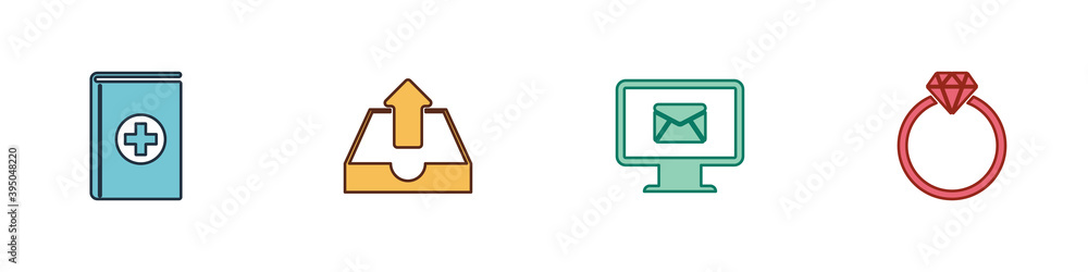 Set Medical book, Upload inbox, Monitor and envelope and Diamond engagement ring icon. Vector. Set Medical book, Upload inbox, Monitor and envelope and Diamond engagement ring icon. Vector.
