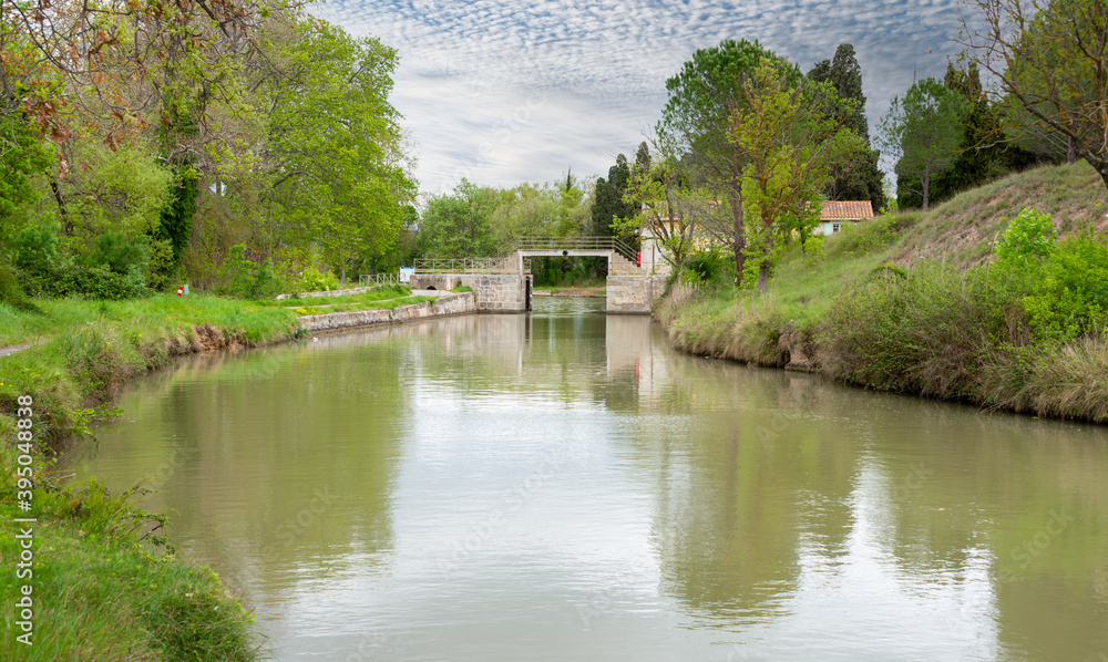 The flood gates on the Canal du Midi in the South of France. Ecluse de l'Ognon.