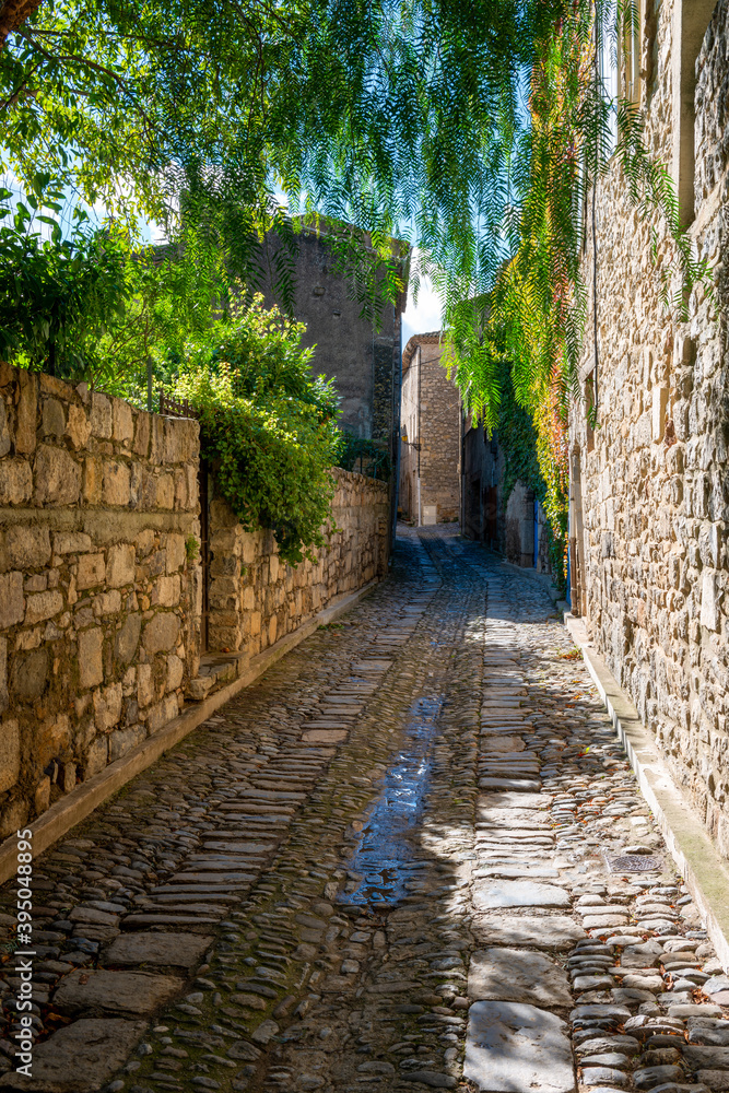 A quaint cobbled back street in the small Village of Lagrasse in the Aude.