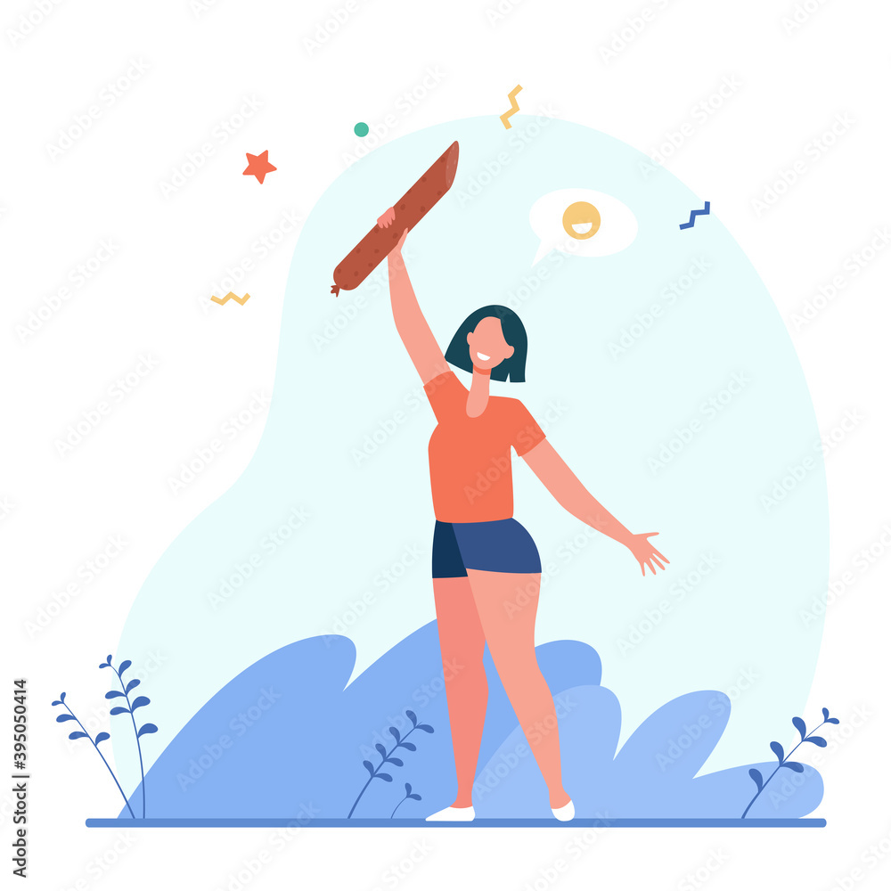Happy woman holding salami. Sausage, meat eater, snack flat vector illustration. Food, gourmet, gastronomy concept for banner, website design or landing web page