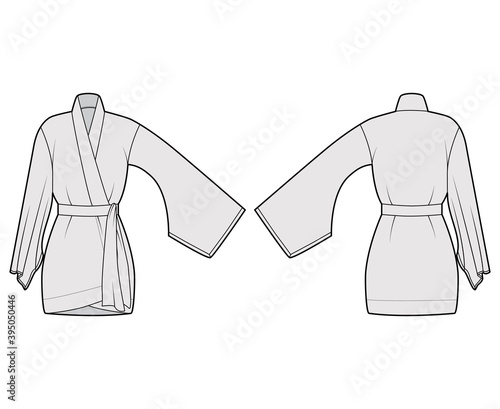 Kimono robe technical fashion illustration with long wide sleeves, belt to cinch the waist, above-the-knee length. Flat apparel blouse template front back grey color. Women men unisex CAD shirt mockup