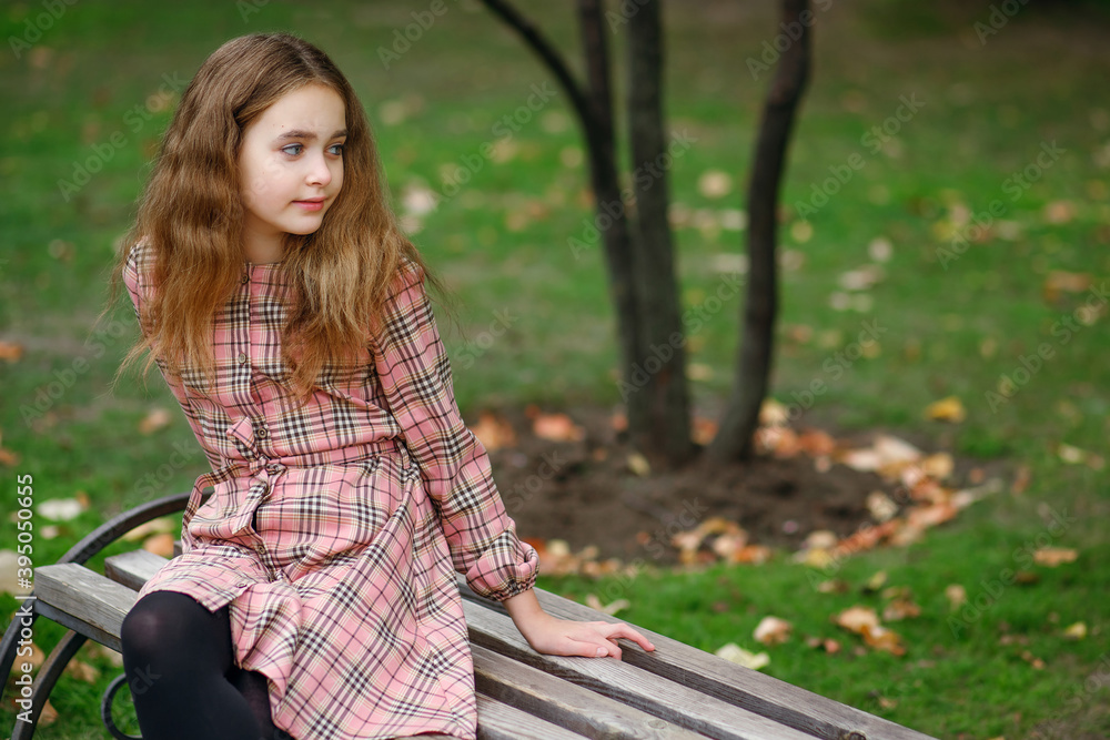A cute teenage girl with lush hair in a beautiful plaid dress sits on a park bench A cute teenage girl with lush hair in a beautiful plaid dress sits on a park bench