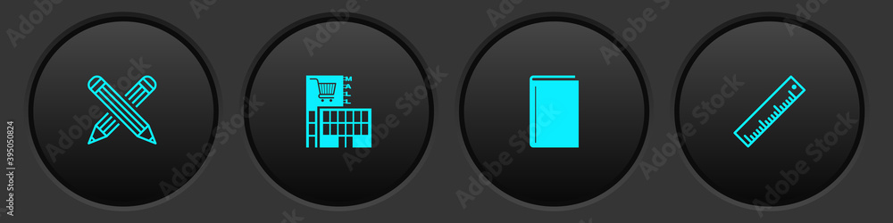 Set Crossed pencil, Mall or supermarket building, Book and Ruler icon. Vector. Set Crossed pencil, Mall or supermarket building, Book and Ruler icon. Vector.