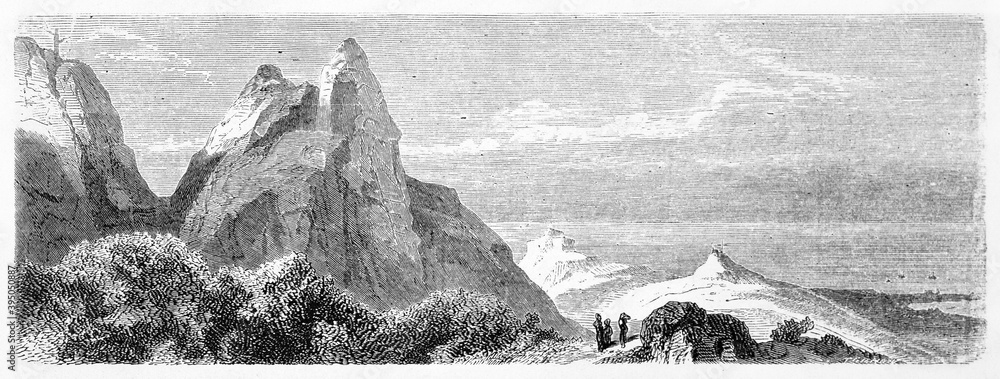Three small explorer looking over panorama on top of Discovery mountain, Mauritius. Ancient grey tone etching style art by B�rard on Le Tour du Monde, Paris, 1861