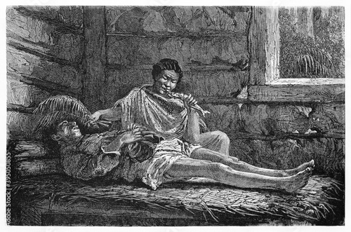 dead indigenous keep watched indoor by a sad woman in a hut in Brazilian rainforest. Ancient grey tone etching style art by unidentified author on Le Tour du Monde, Paris, 1861