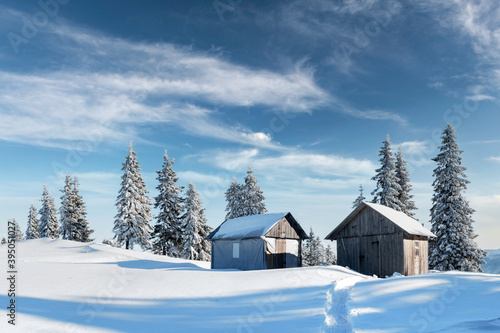 Fantastic winter landscape with wooden house in snowy mountains. Christmas holiday concept © Ivan Kmit