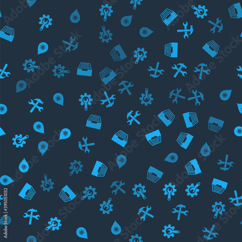 Set Wrench and gear, Drawer with documents, Crossed hammer wrench and Dirty water drop on seamless pattern. Vector.