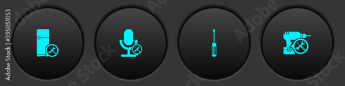 Set Refrigerator service, Microphone, Screwdriver and Drill machine icon. Vector.