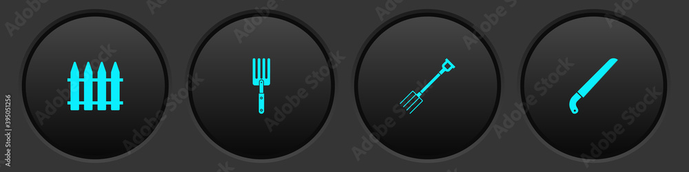Set Garden fence, fork, pitchfork and saw icon. Vector. Set Garden fence, fork, pitchfork and saw icon. Vector.