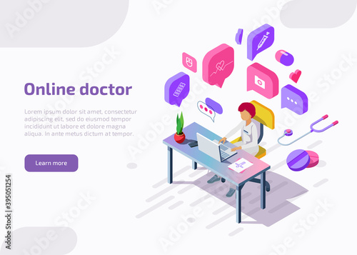 Isometric online doctor remotely providing consultation, communicating in chat on the laptop with patient. Telemedicine medical concept. Healthcare services or support. Web design vector template.