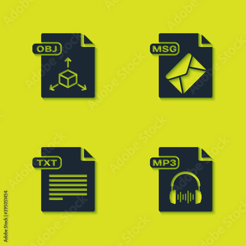 Set OBJ file document, MP3, TXT and MSG icon. Vector.