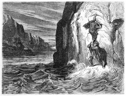 French explorer Auguste Guinnard (1832 - ?) and his companion trapped by high cliff in danger fronting rough water. Ancient grey tone etching style art by Maurand, Le Tour du Monde, Paris, 1861